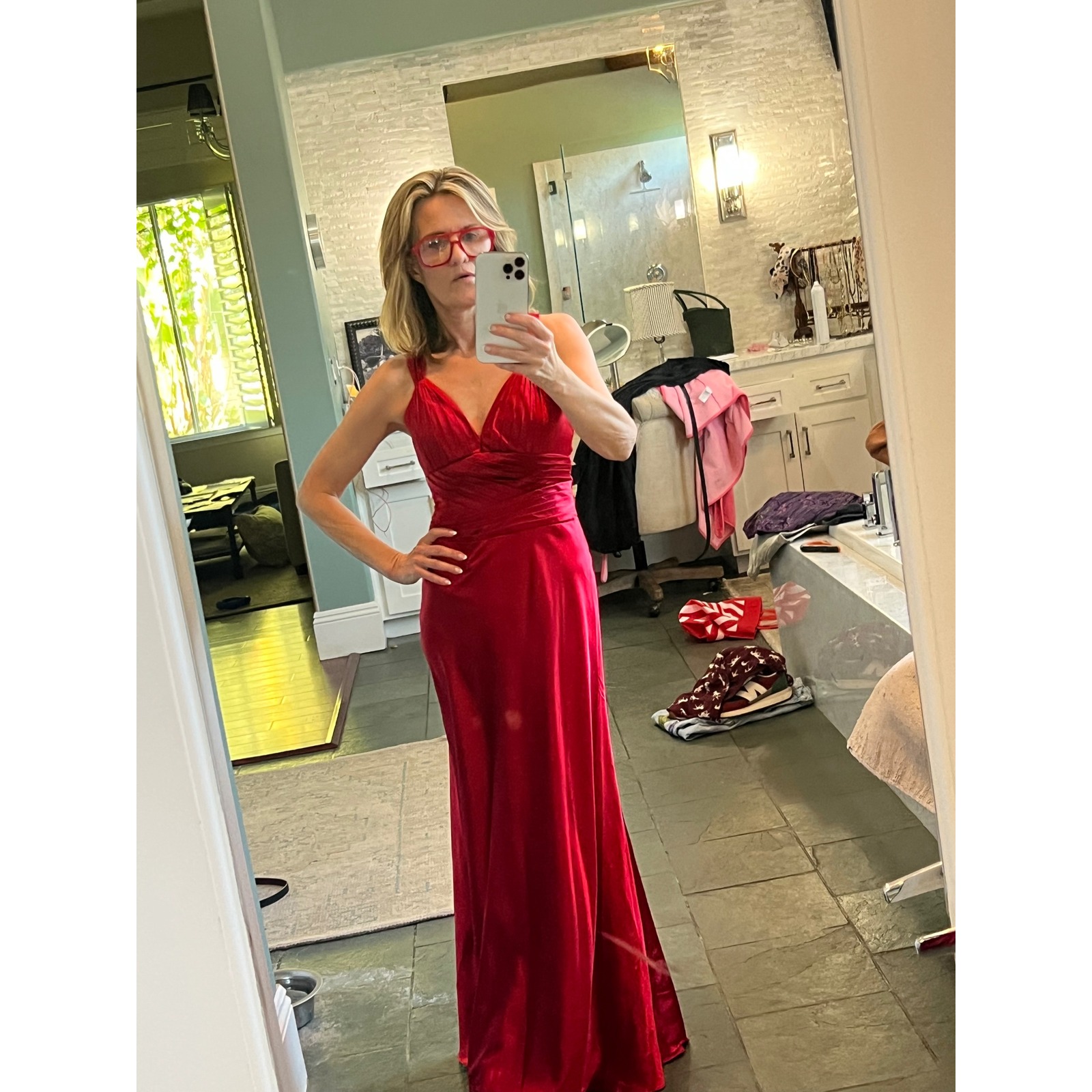 Ruby Red 80s Satin Pleated V-Neck Maxi Dress Sexy Prom Stage Star Wedding Xs